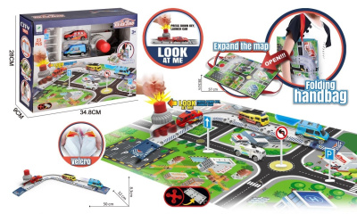 XIAO BAI CAI Y13061448 Набор ГОРОДСКОЙ ТРАНСПОРТ машинка 2 шт, коврик, дорожные знаки, механическая кнопка запуска от магазина ДЕТКИ