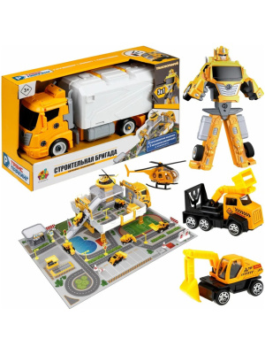 1TOY Т24224 Набор игровой ПАРКОВКА-ТРАНСФОРМЕР СТРОИТЕЛЬНАЯ БРИГАДА машинка 2 шт., вертолёт от магазина ДЕТКИ