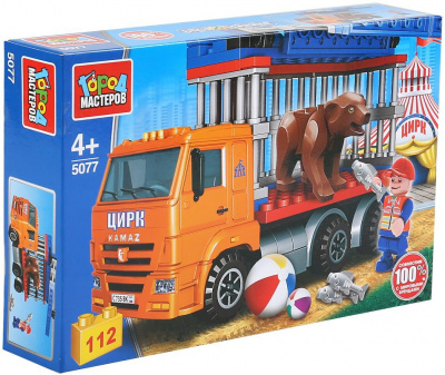 ГОРОД МАСТЕРОВ 5077-KK Конструктор КАМАЗ С КЛЕТКОЙ: ПЕРЕВОЗКА МЕДВЕДЯ серия СПЕЦТЕХНИКА 112 деталей от магазина ДЕТКИ