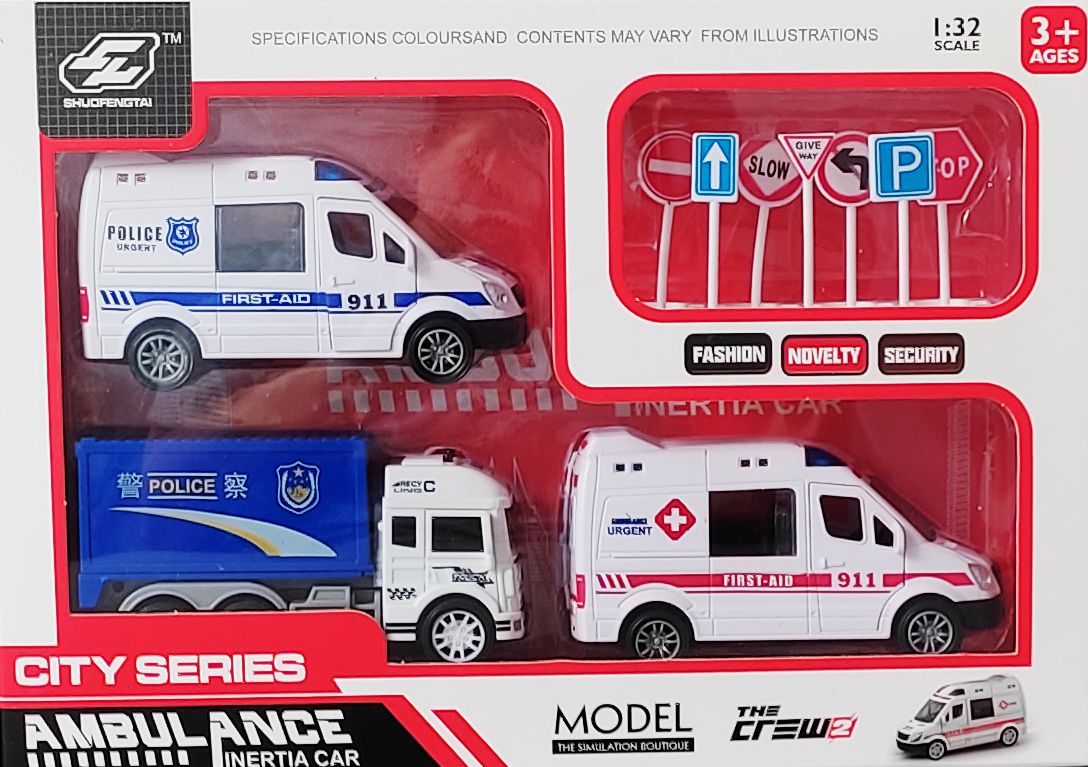 Набор AMBULANCE INERTIA CAR серия CITY SERIES машина полиции 2 шт., машина  скорой помощи 1:32 купить в интернет-магазине ДЕТКИ