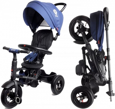 Велосипед детский трёхколёсный складной RITO AIR 10"/8" 2024 надувные колёса с ручкой (Цвет Синий)