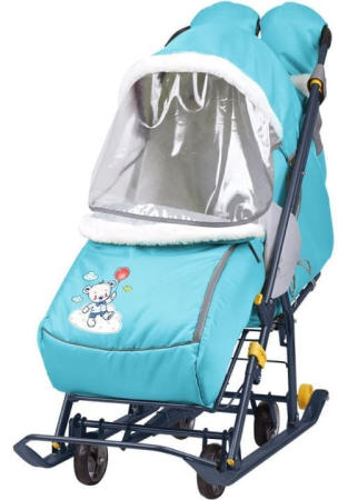 Санки-коляска (4 больших колеса, перекидная ручка, регулируемая спинка, сумка) (Цвет Медвежонок Голубой)