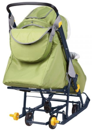 Санки-коляска (4 больших колеса, перекидная ручка, регулируемая спинка, сумка) (Цвет Медвежонок Голубой)