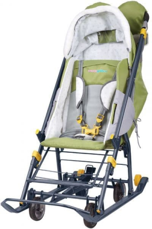 Санки-коляска (4 больших колеса, перекидная ручка, регулируемая спинка, сумка) (Цвет Медвежонок Голубой)