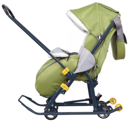 Санки-коляска (4 больших колеса, перекидная ручка, регулируемая спинка, сумка) (Цвет Медвежонок Голубой)